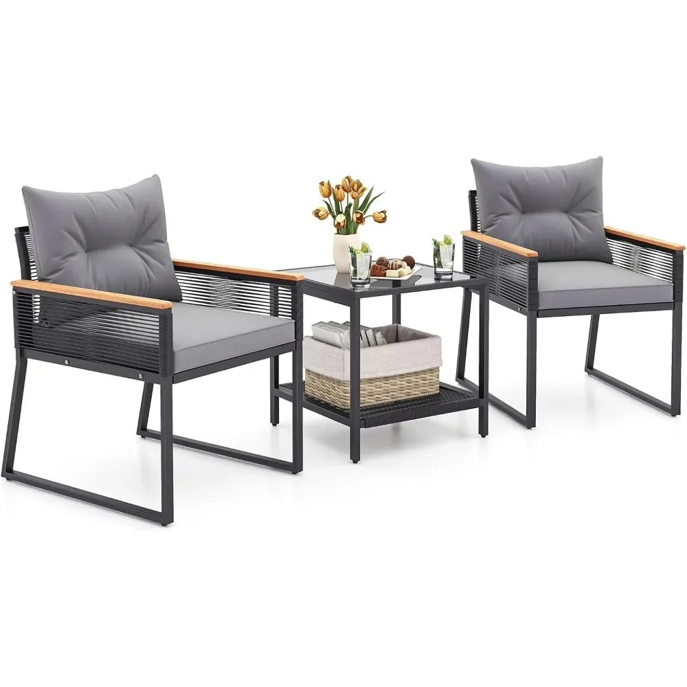 

3-piece Outdoor Conversation Set, Terrace Rattan Cushioned Armchair and Table, with Heavy-duty Metal Frame and Rosewood