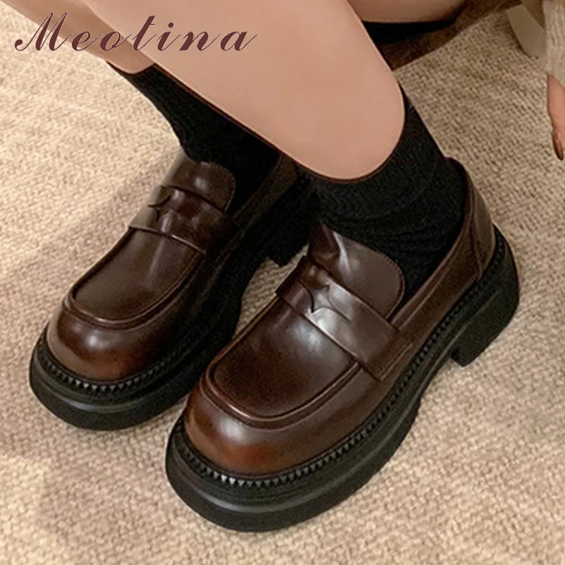 Meotina Women Loafers Pumps Round Toe Thick Mid Heels Platform Concise Ladies Fashion Shoes Spring Autumn Black Dark Coffee 40