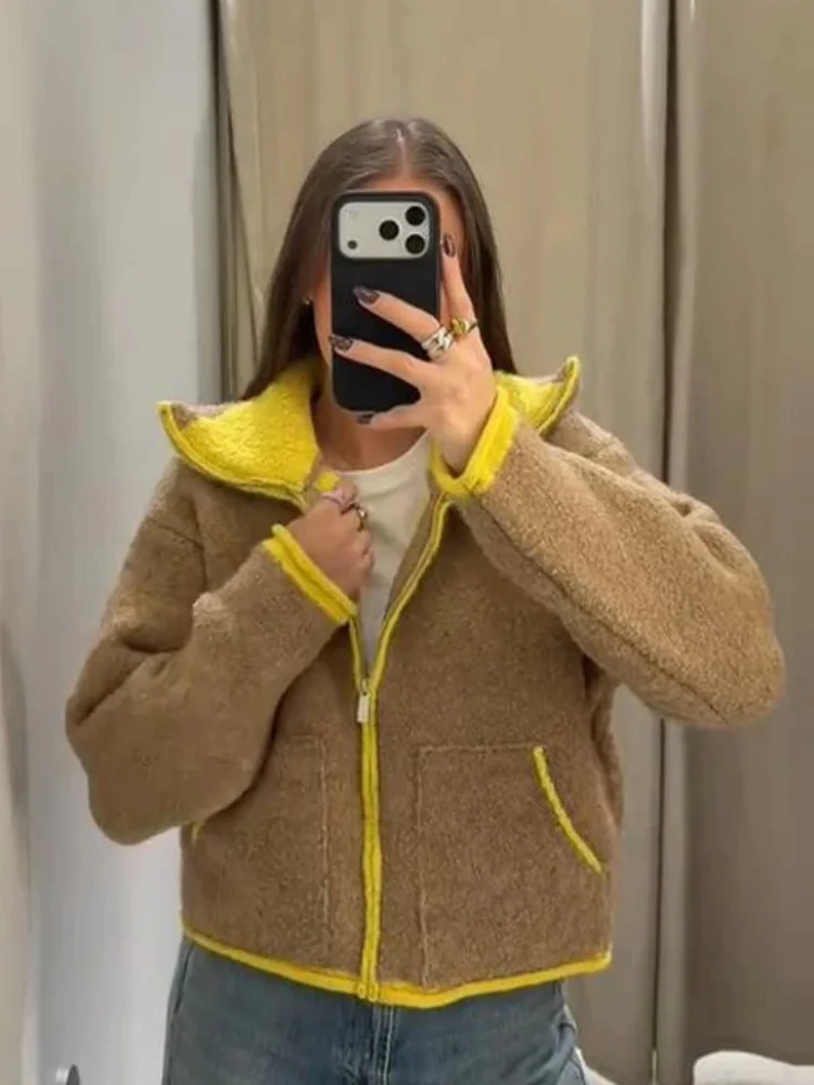 المرأة عادية اللون حجب محبوك بالأزرار الوقوف طوق سستة جيب سترة قصيرة الشتاء اليومية تخفيف الشارع تريكو #1