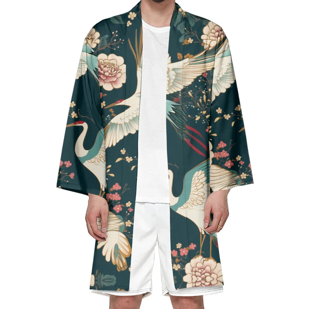 

Autumn Samurai Kimono Cosplay Japanese Fashion Vintage Long Kimono Unisex Cardigan Stylish Haori Crane Print Robe Kimonos Yukata