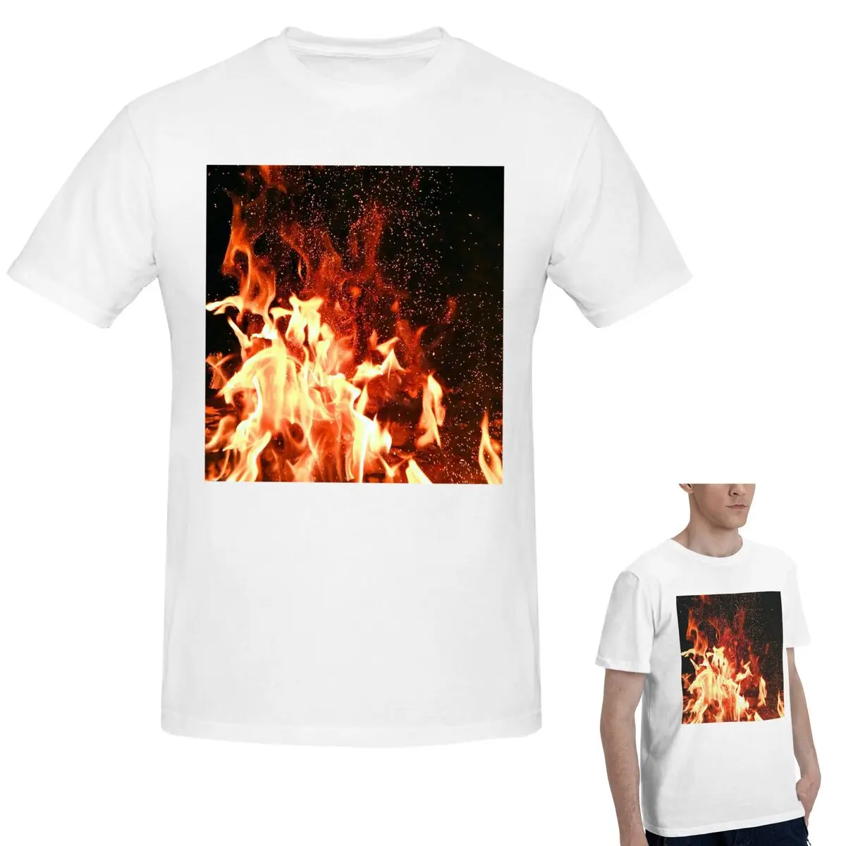 

100% Cotton Burning Fire With Sparks T-Shirt Men's Funny Oversized T Shirt Men Crew Neck Summer Shirts Tops S-6XL