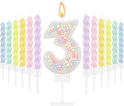 Number Birthday Candle Macaron Pastel Glitter 3D Number Candle with 12 Pcs Rainbow Spiral Candles in Holders for Girl Boy Cake