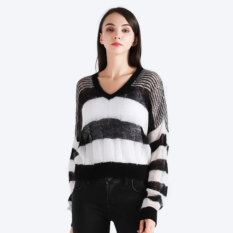 BAHTLEE-Women's Mohair Knitted Pullover, V-Neck Sweater, Short Style, Long Sleeves, Black and White, Top of Autumn