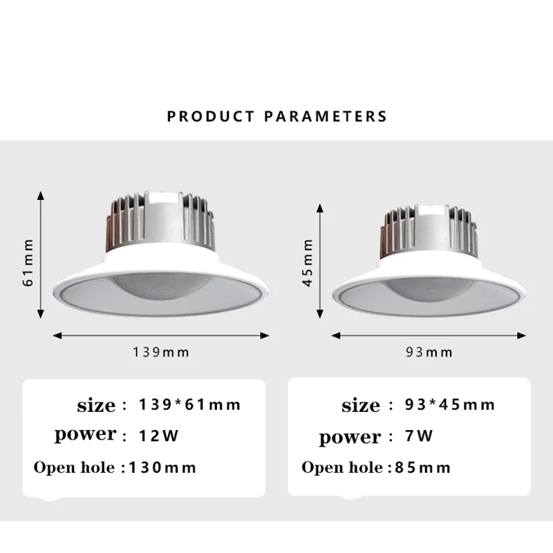 내장형 COB 다운라이트 눈부심 방지 LED 천장 조명, 가정용 스포트라이트, AC85-265V 주방 침실 거실, 쇼핑몰, 7W, 12W