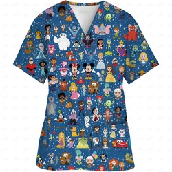 Women's 2024 Pocket Women's Hospital Summer Top Disney Princess Print T-shirt V-neck Nurse Uniform T-shirt Mickey Top