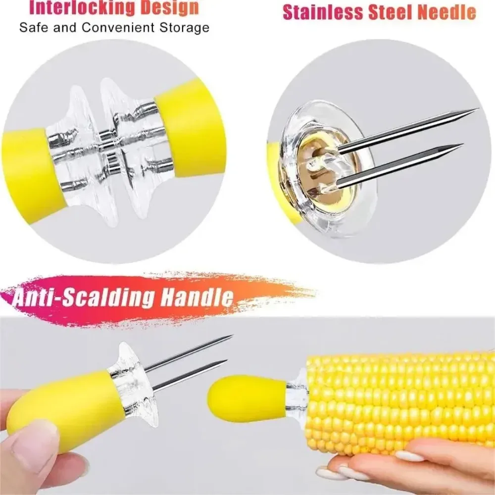 Stainless Steel Corn Forks with Rubber Handle Corn on The Cob Skewers Kitchen Cooking Tools and BBQ Party Utensils Accessories