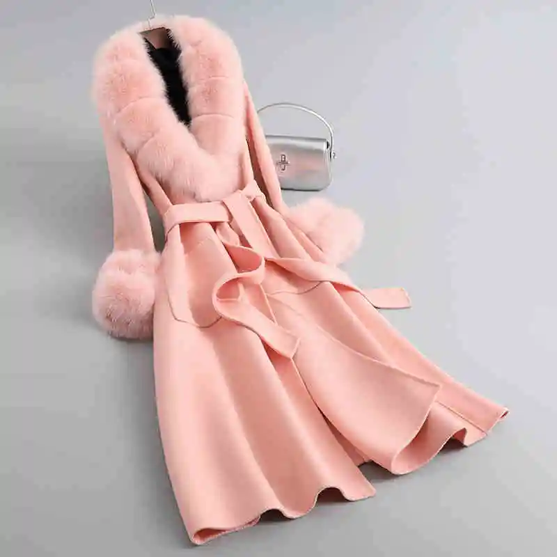 ZDFURS*Reversible Cashmere Coat Women\'s Mid-Length Large Skirt Wool Woolen Woolen Coat Fox Fur Collar Fur Coat Winter