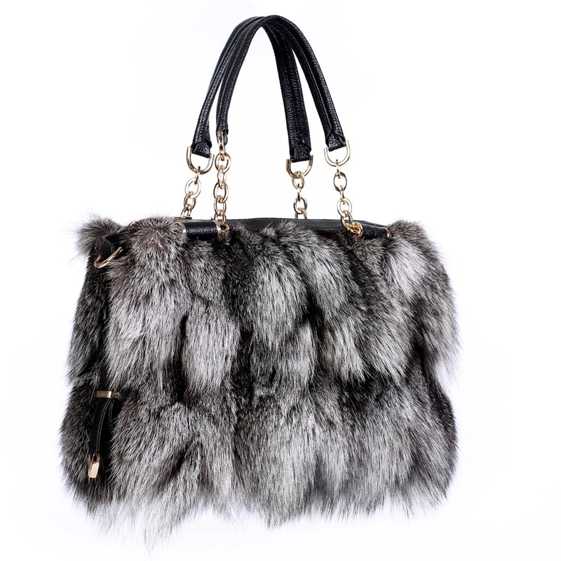 Winter Fox Fur Bag Women\'s Fur Bag Fashion Fur Handbag Ladies Bags Purses Women Shoulder Bag Real Silver Fox Fur Messenger Bags