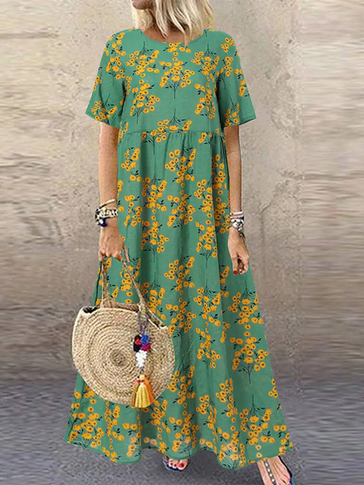 ZANZEA Summer Bohemian Sundress Women Vintage Maxi  Dress Elegant Dresses Casual Floral Printed Baggy Vestido Kaftan Robe Femme