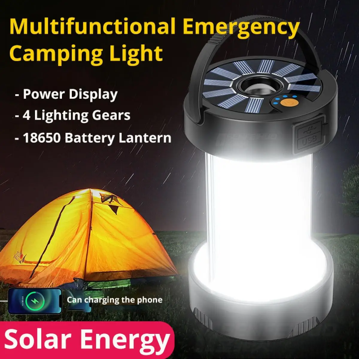 A Portable Solar Camping Light Outdoor Emergency Multifunctional Super Bright Flashlight Tent Protable Rechargeable LED Lamp