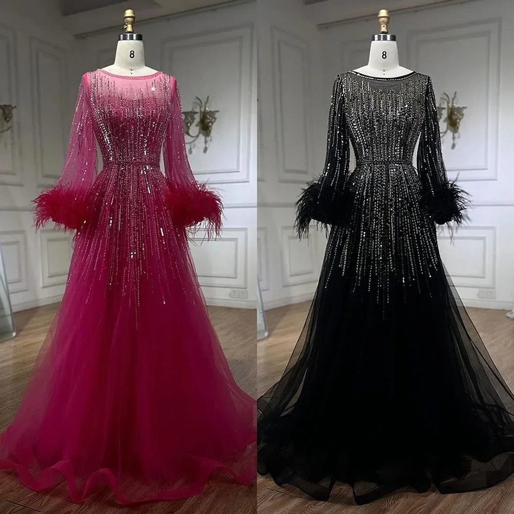 SERENE HILL Customized Muslim Fuchsia A-Line Luxury Evening Dress Gown 2025  Feather Beaded  Women Wedding Party CLA72248