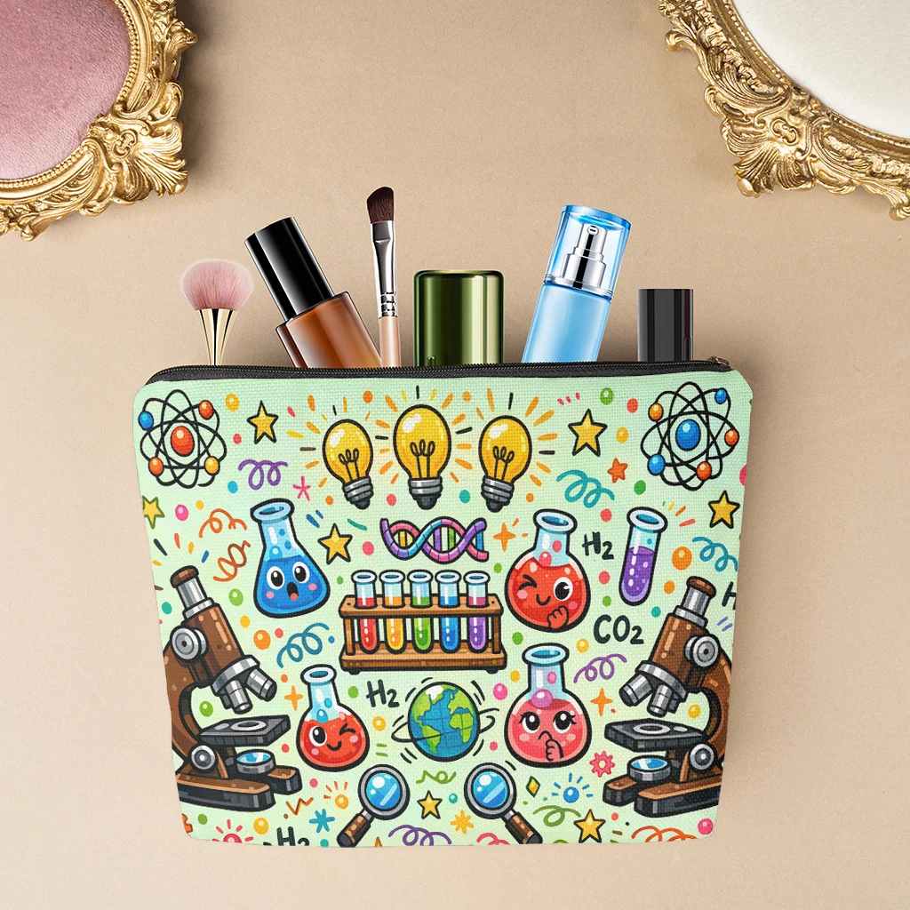 Cosmetic Bag  Chemistry Elements And Microscope Linen Makeup Bag Lightweight Cosmetic Pouch With Zipper For Women Multifun