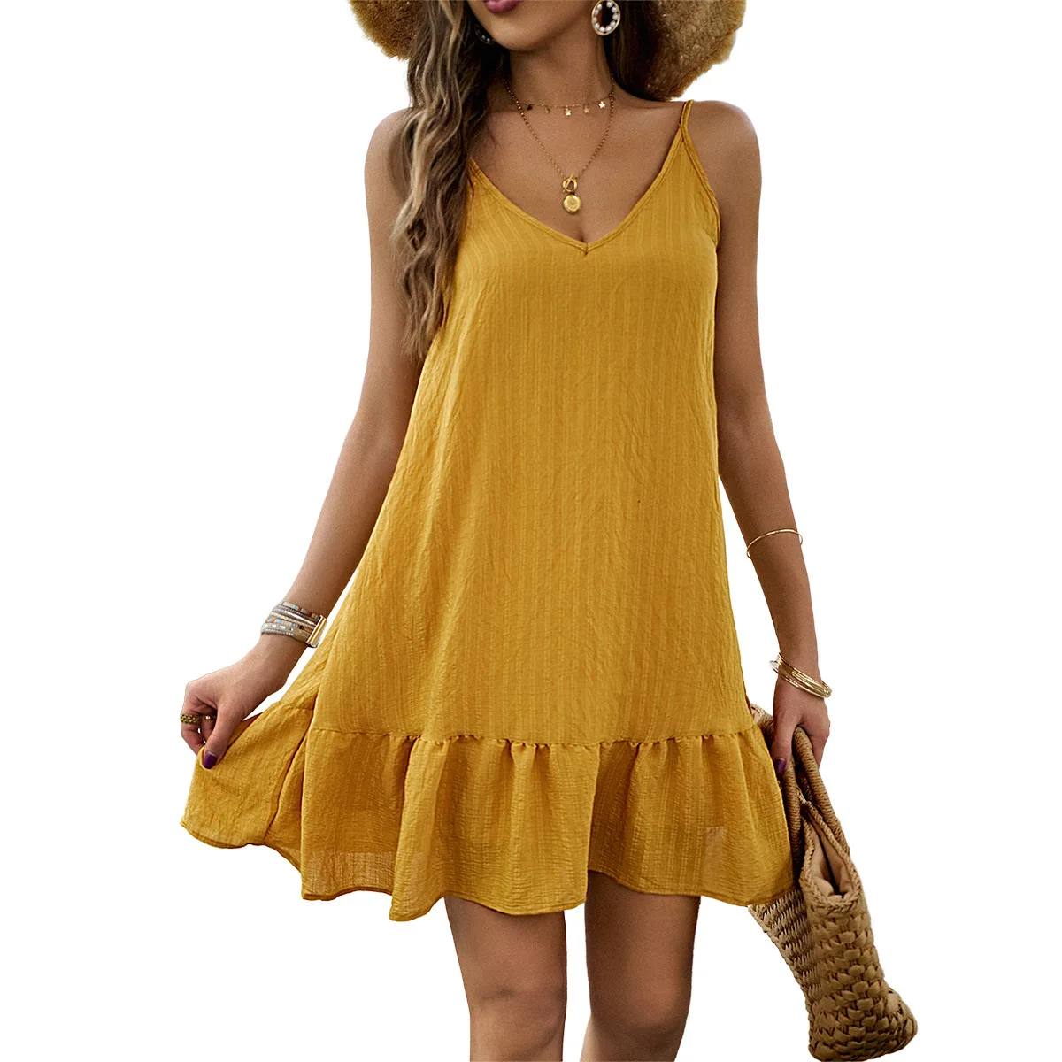 Letnia Sukienka Damska Boho Jednolite Kolory Sukienki Damskie 2025 Letnia Seksowna Sukienka Styl Plażowy