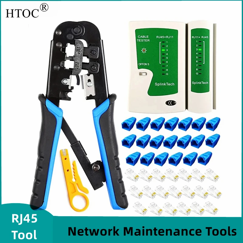 Htoc cabo de rede testador rj45 ferramenta friso cat5 cat6 ferramenta de friso 20 peças conectores 20 peças cobre rede fio stripper