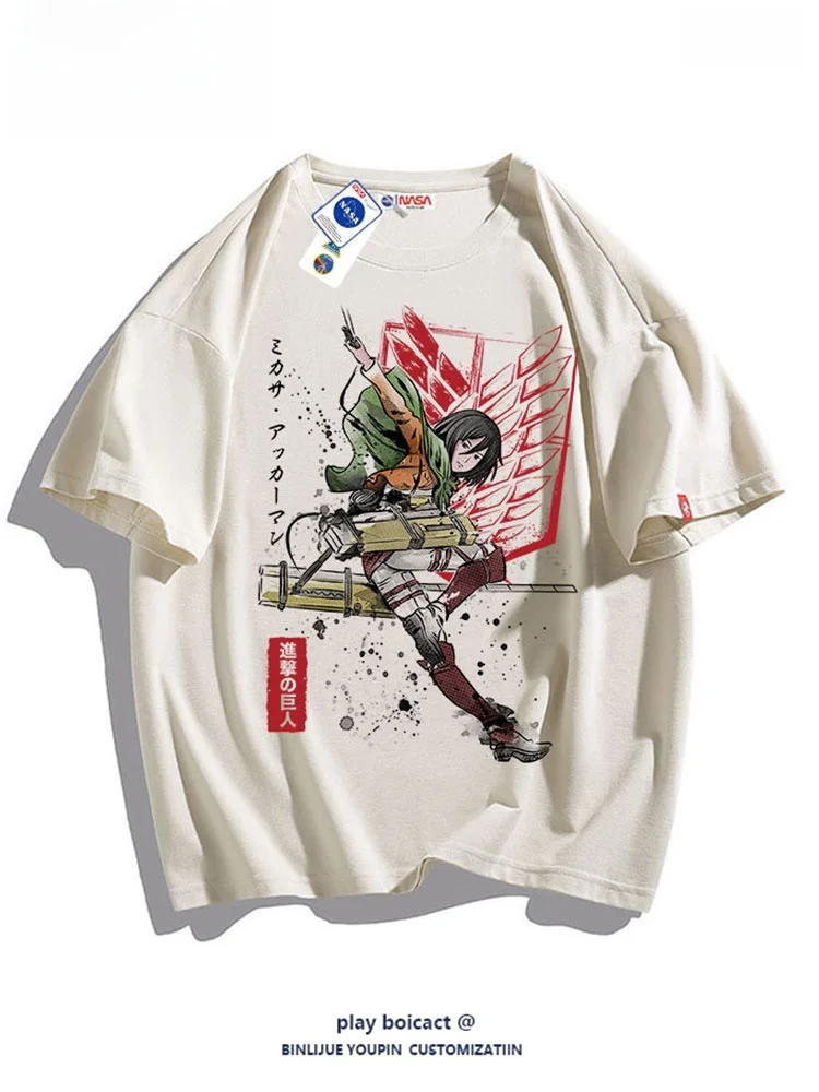 カップル向け進撃の巨人アニメtシャツ-コットンアイスシルク-メンズ半袖ルーズフィット丸首プリントサマートップス