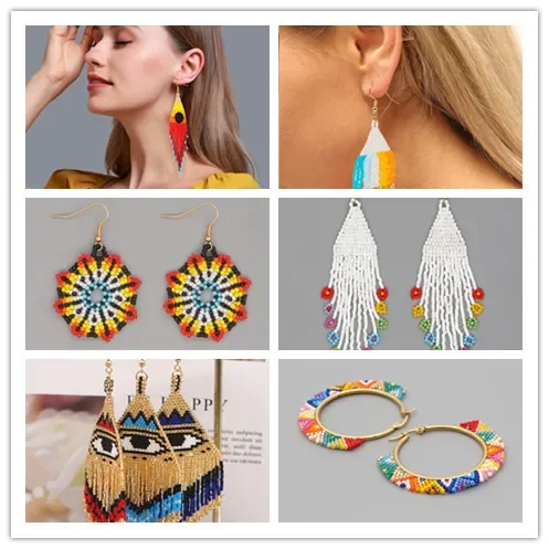 

Rice Bead Earrings Hand weaving Retro Bohemia geometry alloy ma'am Tassel Earrings