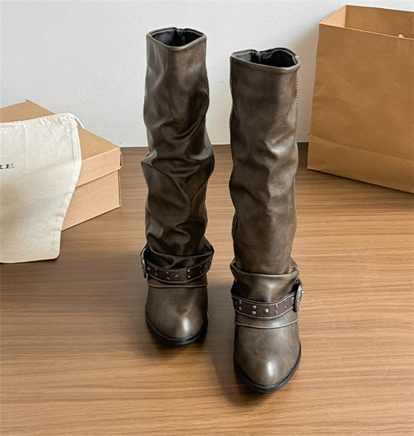 Punk-Style Belt Buckle Mid-Calf Boots for Women Square Heel Motorcycle Boots Pu Leather Pleated Boots Street Retro Riding Boots