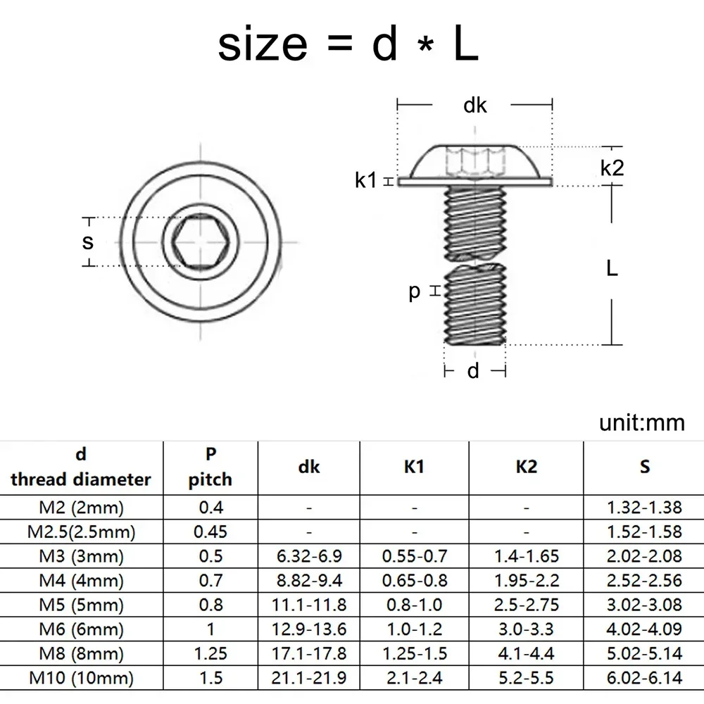 304 Stainless Steel M2 M2.5 M3 M4 M5 M6 M8 M10 Hex Hexagon Socket Round Button Head With Washer Collar Bolt Screw ISO7380.2