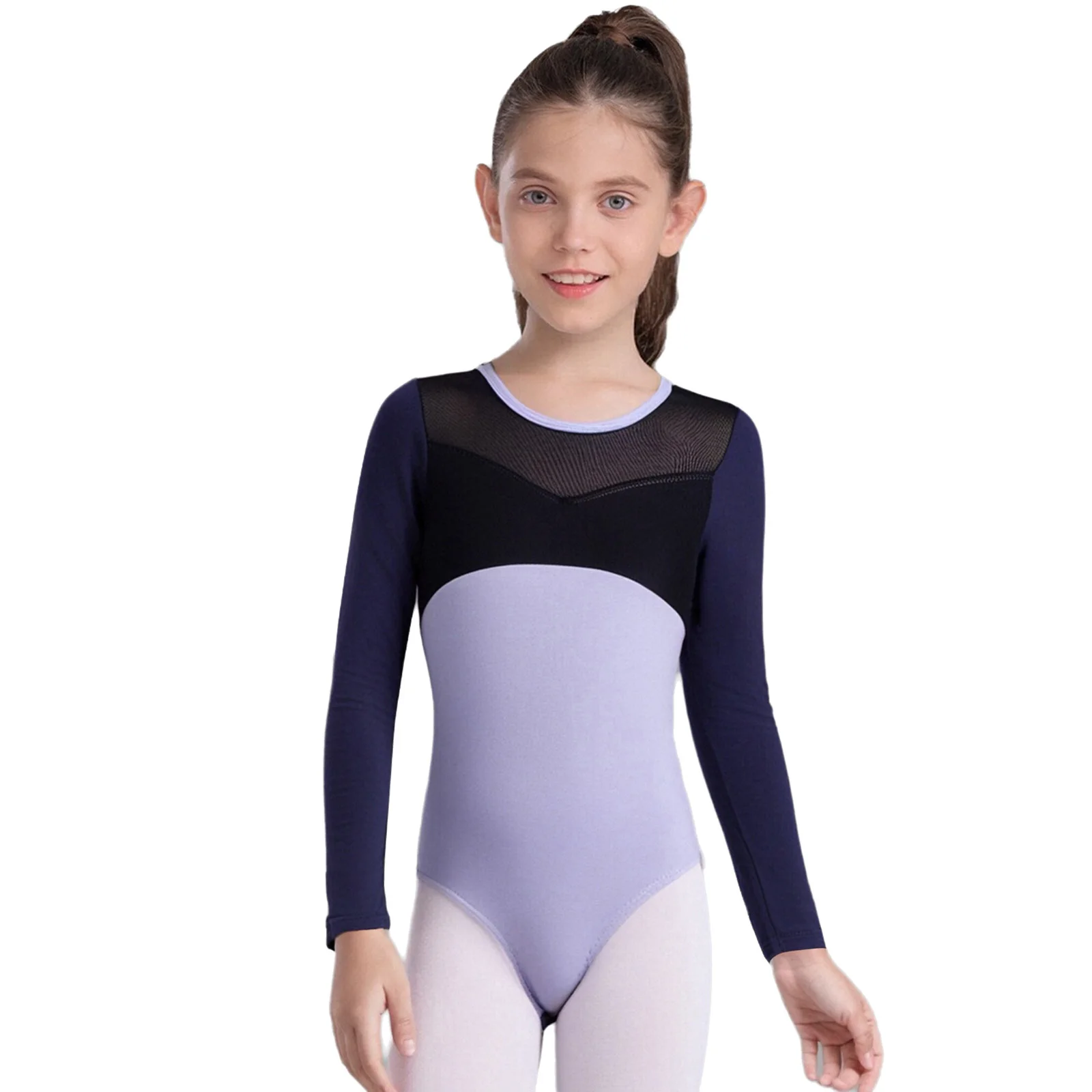 

Детский купальник для балета и гимнастики для девочек, танцевального трико с длинными рукавами и кнопкой в промежности, прозрачная сетка, тренировочный костюм для балета и танцев
