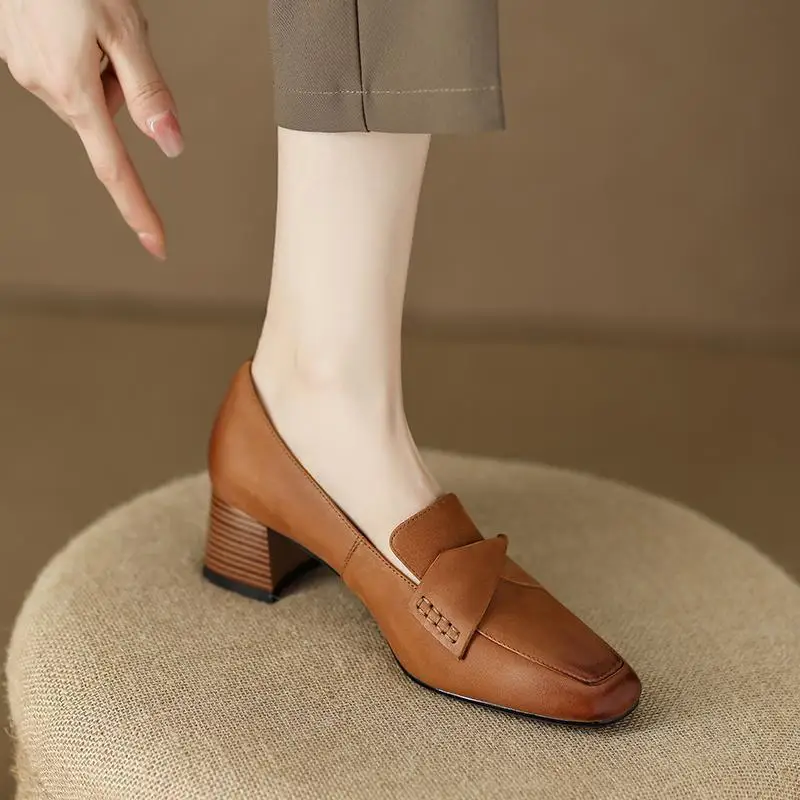

Fashion Pleated Slip on Mid Heels Office Ladies Shoe Chunky Heel Women Square Toe Shoes for Woman Women's Autumn 2026 Pumps 34