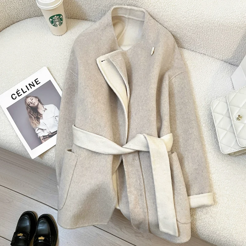 Beige Double-sided Wool Blended Coat Women's Fashion Simple Two-color Loose Wild Fashion French Lady High Quality Elegant Coat