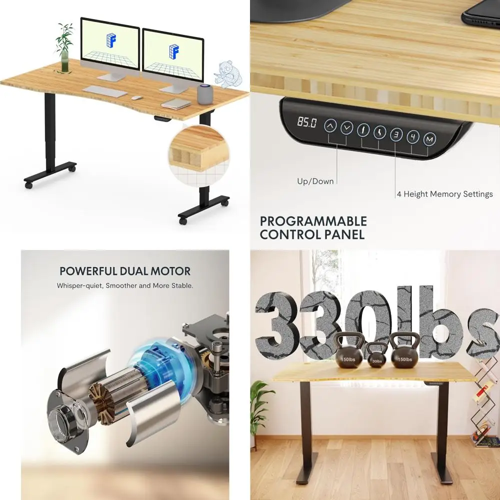 ارتفاع كهربائي قابل للتعديل مكتب 55 × 28 بوصة محرك مزدوج من الخيزران 3 مراحل مكتب قائم لراحة وصحة مريحة