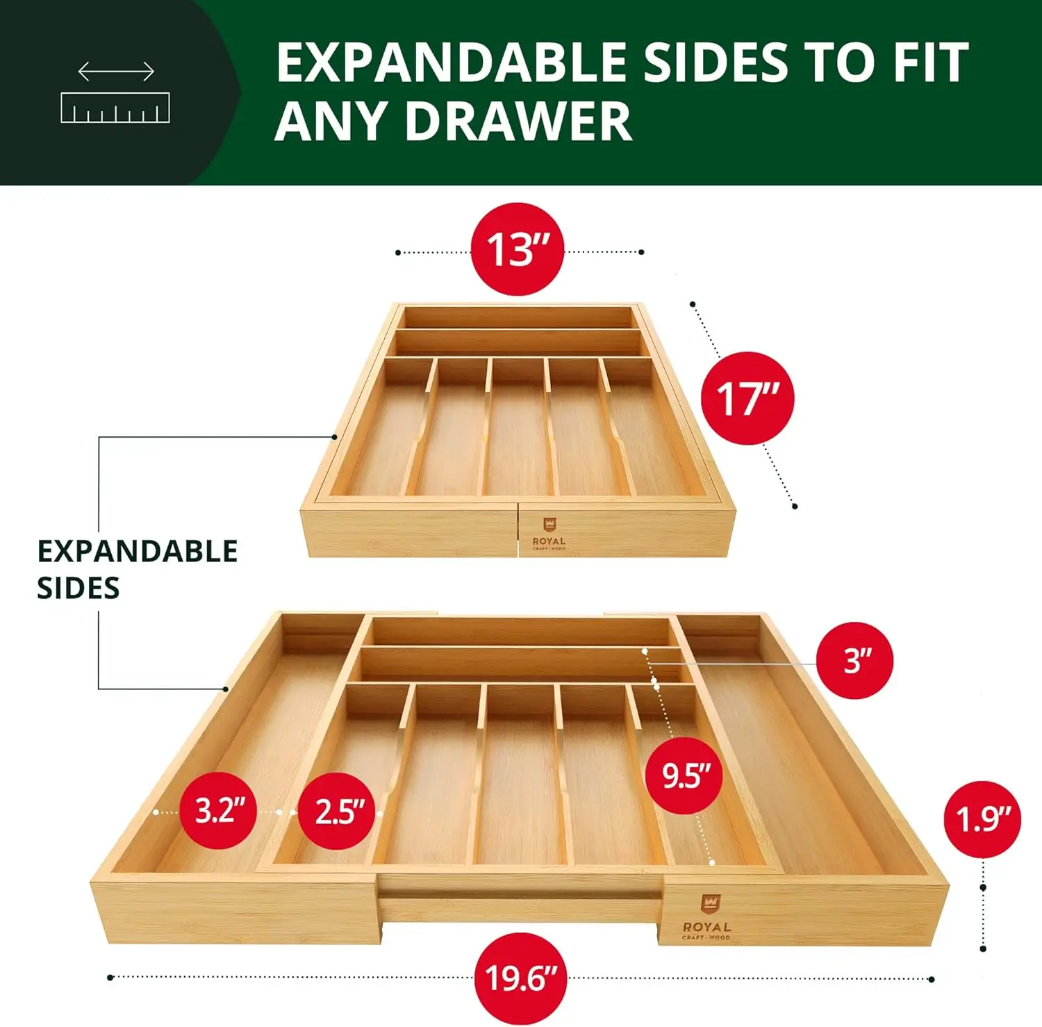 Luxury Bamboo Kitchen Drawer Organizer - Silverware Organizer - Utensil Holder and Cutlery Tray with Grooved Drawer Dividers