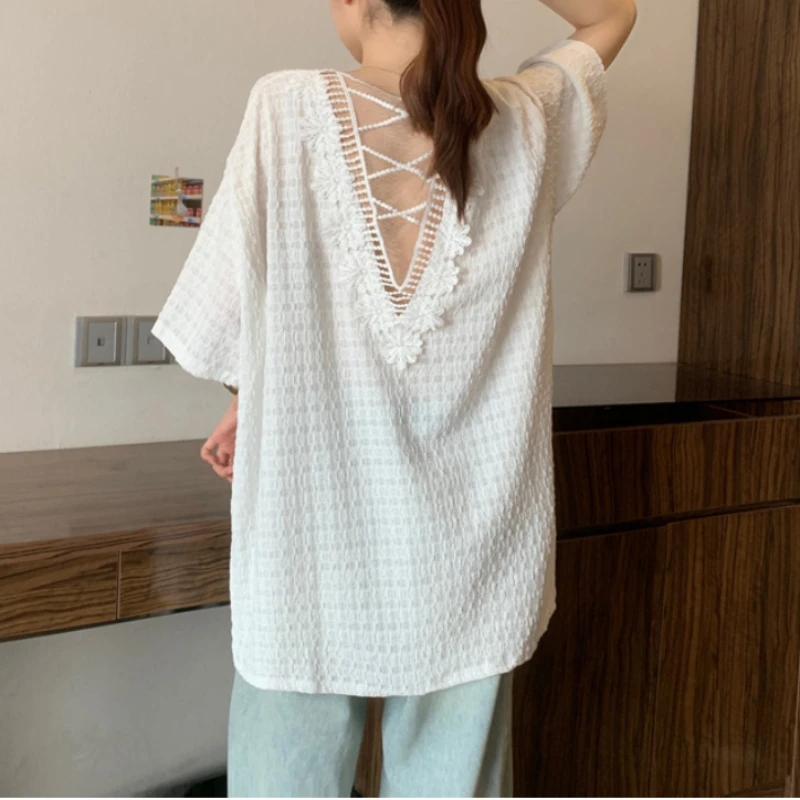 T-shirt da donna O-Collo ampia senza schienale manica corta T-shirt eleganti e chic T-shirt francese Abbigliamento taglie forti abbigliamento donna