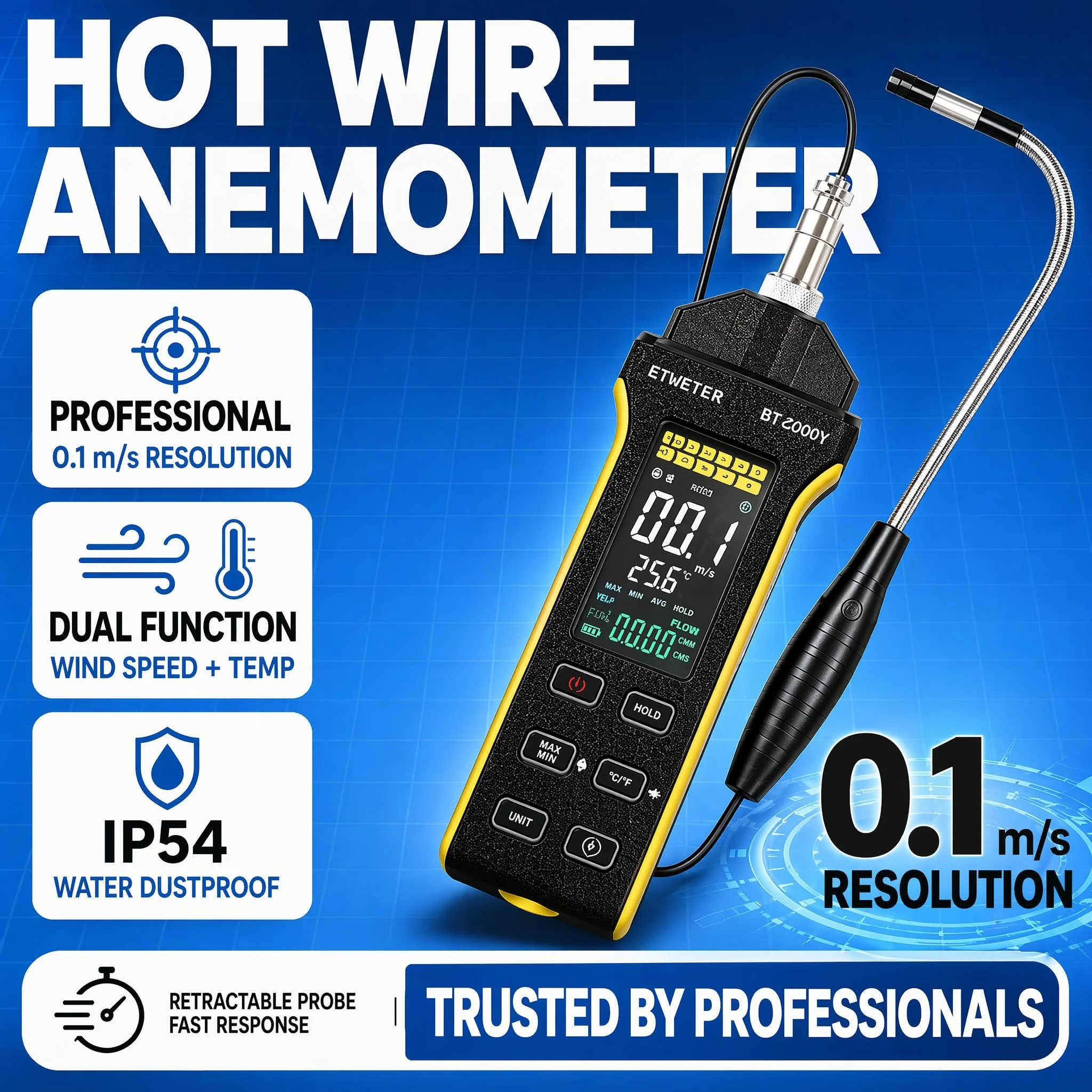 

Hot Wire Anemometer Digital Air Volume Meter with Telescopic Probe, Measure Wind Temp CFM/CMM, Large Color Display for HVAC