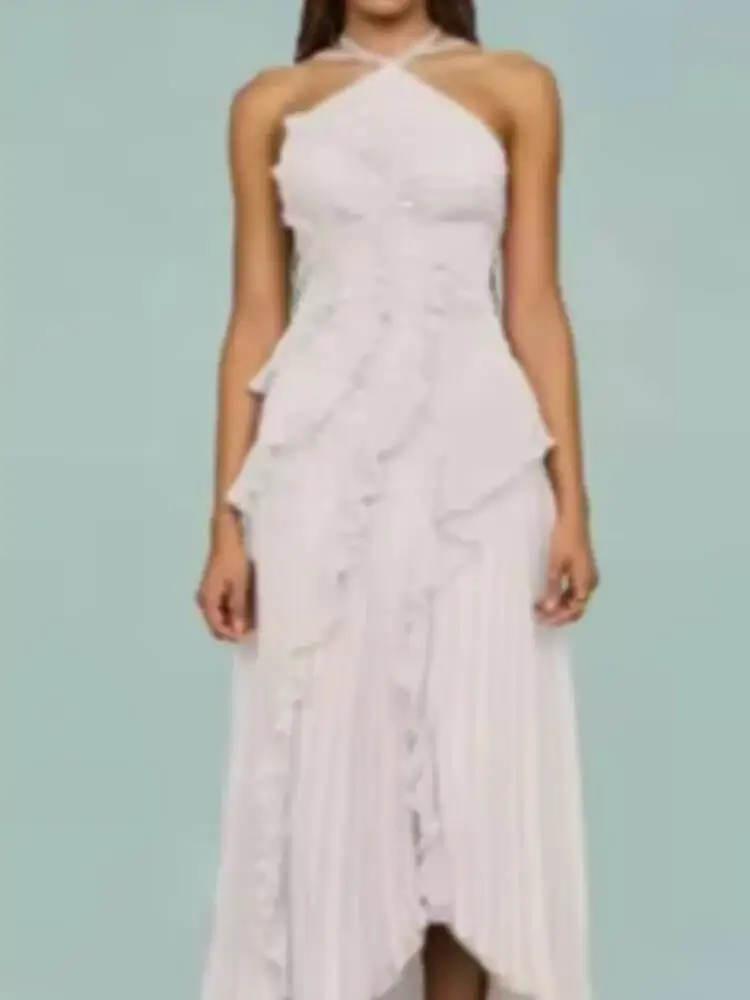 Elegante Halsband Ruches Avondjurk Effen Plooien Een Lijn Lace Up Backless Sexy Feestjurk Nieuwe Feestvakantie Y2k Gewaad ZBA8