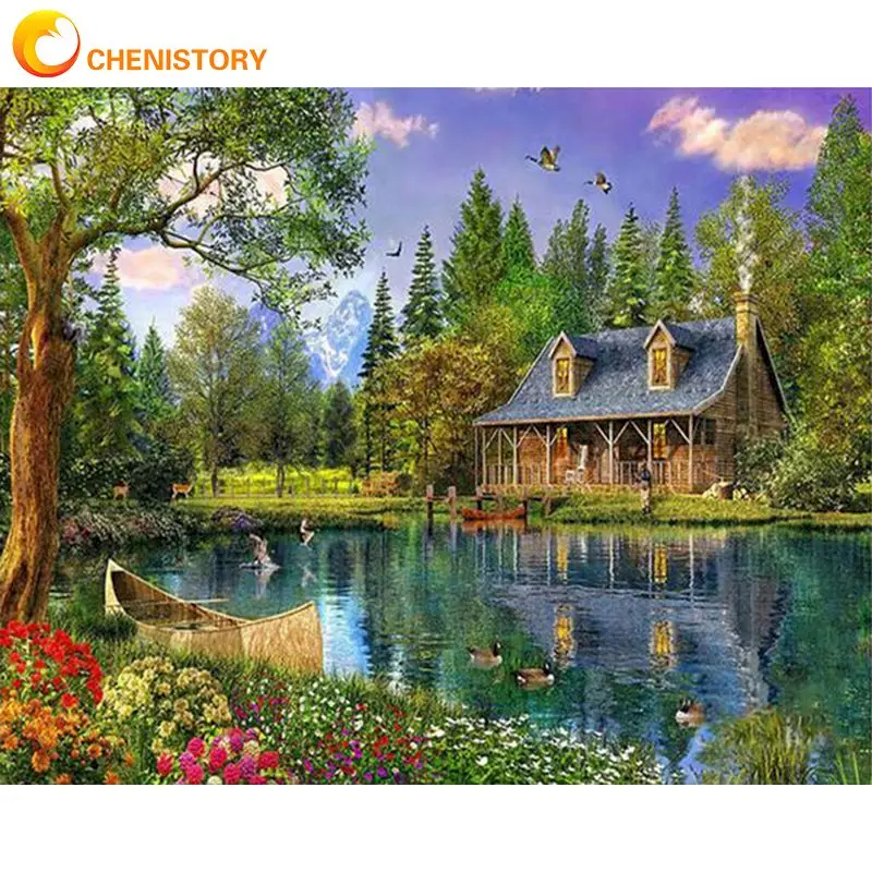 CHENISTORY Painting By Numbers With Frame Village House Landscape Acrylic Paint By Number Picture Wall Art For Adult Home Decors