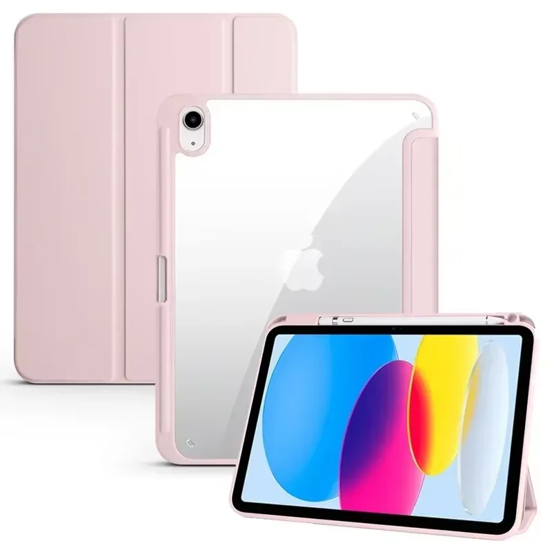For Apple iPad 2025 Case with Pencil Holder Tri-Folding Acrylic Clear Back Smart Cover for iPad 11th Generation 11 inch A16