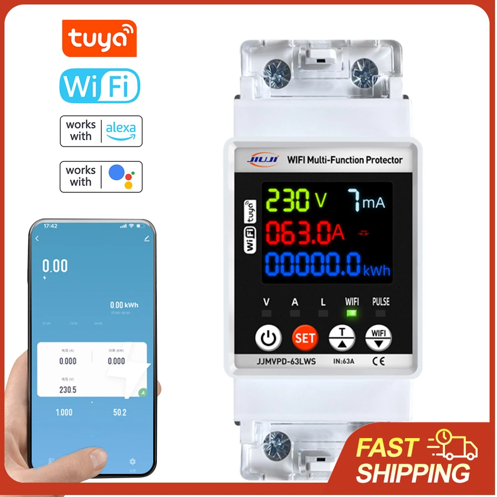 Interruptor de Circuito Inteligente WiFi Tuya con Pantalla Digital, Protección Contra Sobretensión/Baja Tensión y Fugas de Corriente para Hogar e Industria