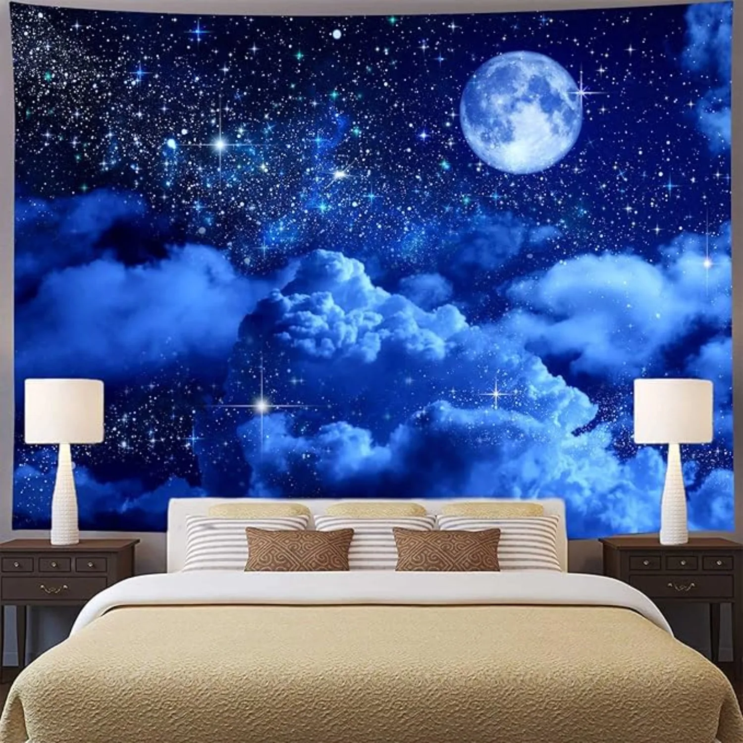 Celestial Night Sky Wall Tapestry for Dreamy Bedroom Decor, Featuring a Stunning View of a Full Moon Glowing Amidst a Star