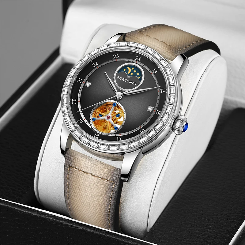 Forsining Men Business Leather Strap Skelton Automatic Watches Moon Phase Mechanica Watch 30m Waterproof Luminous Hands Watches