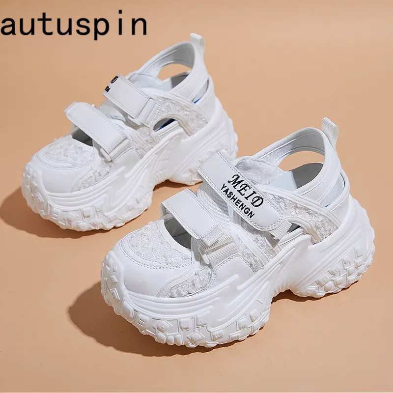 

Autuspin Summer Lace Genuine Leather Sandals for Women 2024 Fashion Stylish Bling Chunky Sneakers Female Hollow Slingbacks Shoes