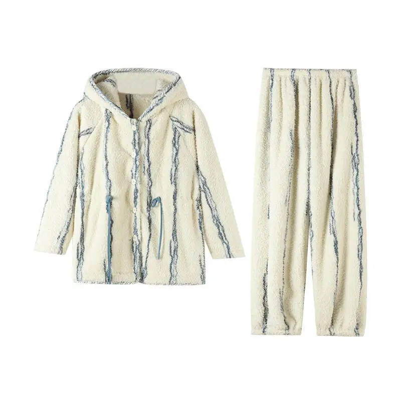 طقم بيجامة نسائي بغطاء للرأس من Pjs بيجامة شتوية دافئة ملابس منزلية عصرية، طقم بيجامة لطيف وناعم جديد ساخن
