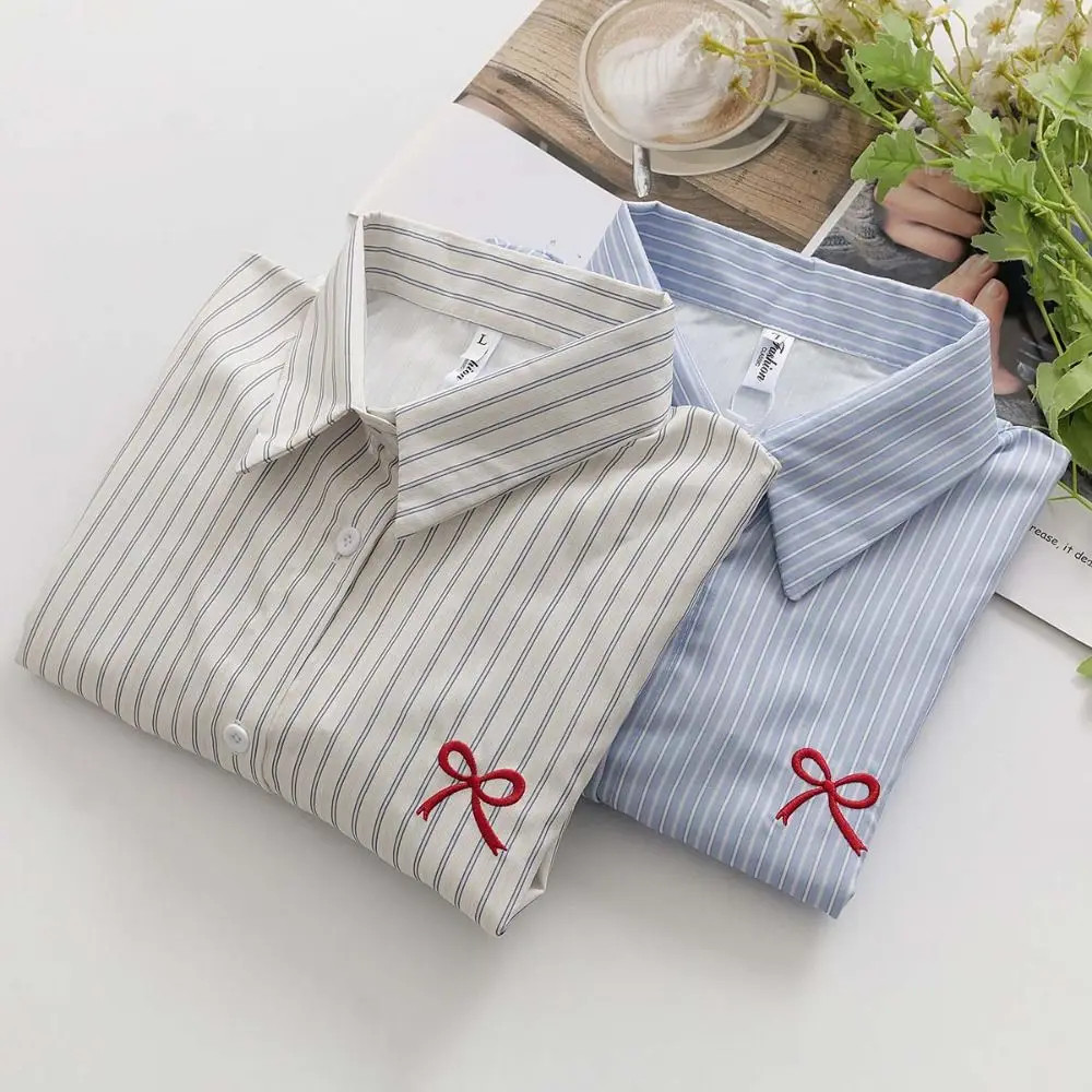 

Y2K Striped Button Up Shirts Embroidery Bowknot Loose Stripe Blouse Women Spring Autumn Preppy Style Long Sleeve Blouse Girls