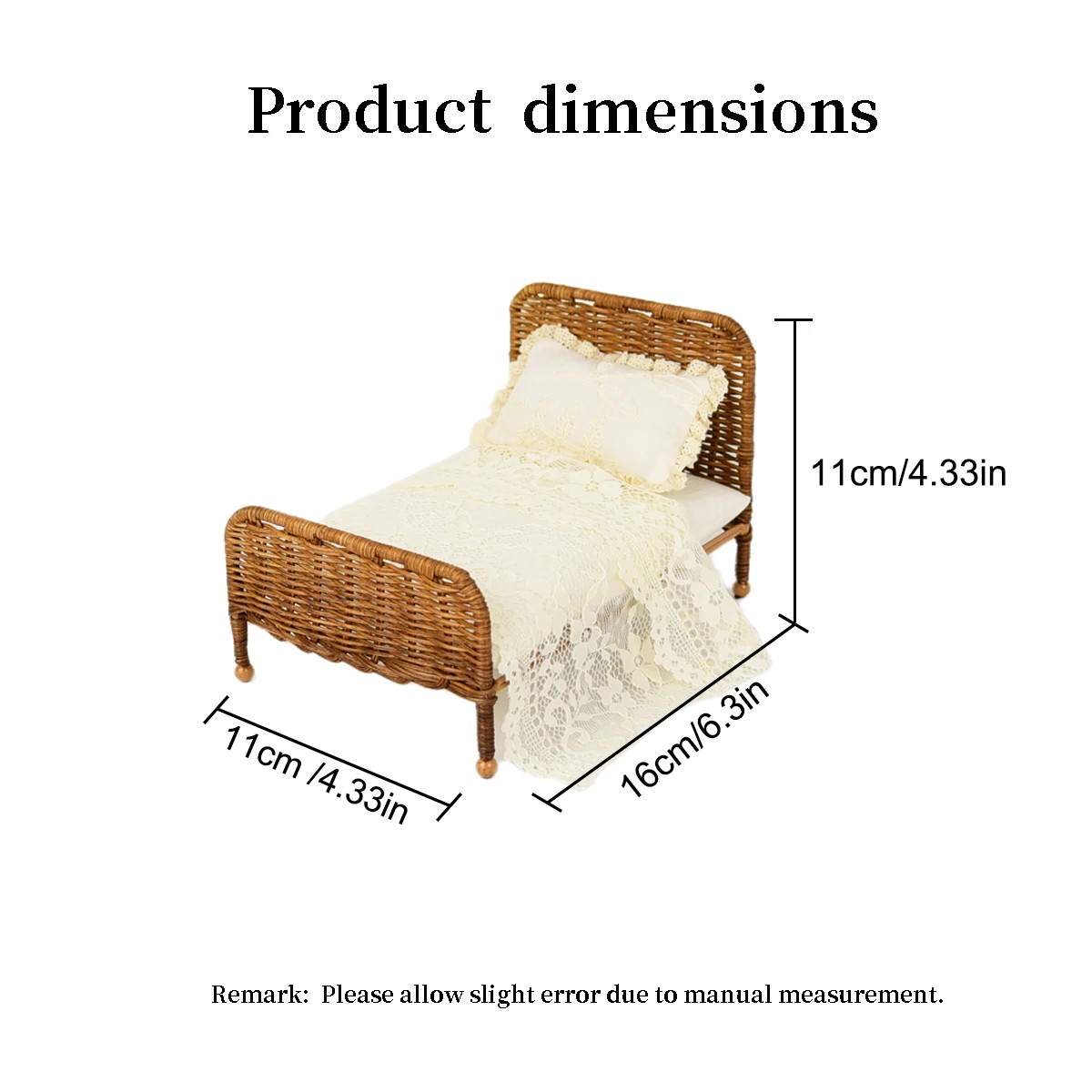 1:12 Miniature Furniture L-16Cm Dark Rattan Bed with Bedding, Suitable for Bjd Ob11 Mini House Home Decor