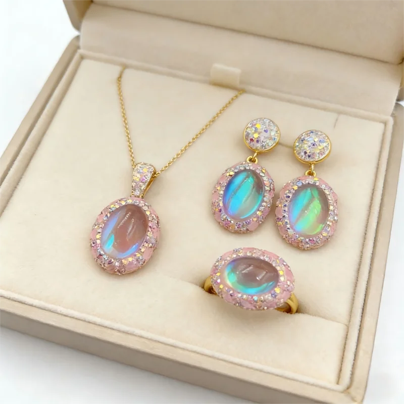 Natural Pink Rainbow Opal Jewelry Set, Solar Plexus Nourishment, Confidence & Action Boost, Chakra Healing Crystal Gift