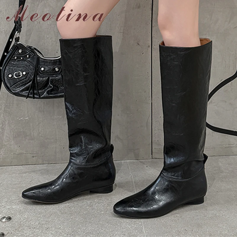 

Meotina Women Knee High Boots Round Toe Flats Concise Brand Design Long Boots Ladies Fashion Autumn Winter Shoes Black Brown 40