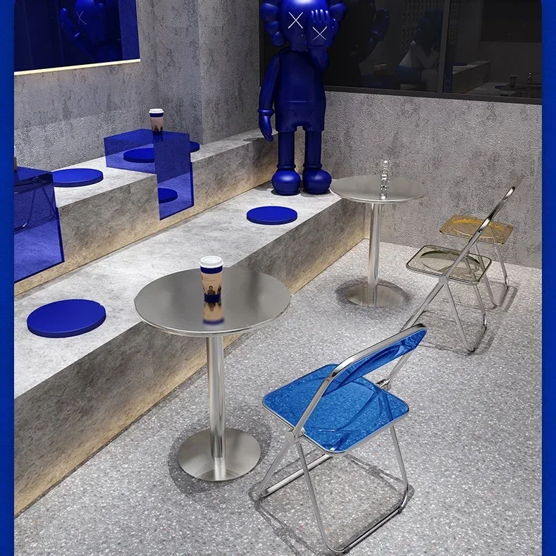 

l Cheap industrial style restaurant cafe bar coffee shop stainless steel table and acrylic transparent folding chair set