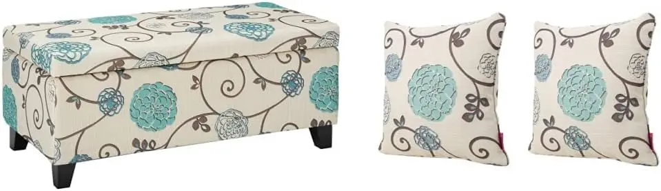 

Breanna Storage Ottoman and Ippolito Pillows, White and Blue Floral