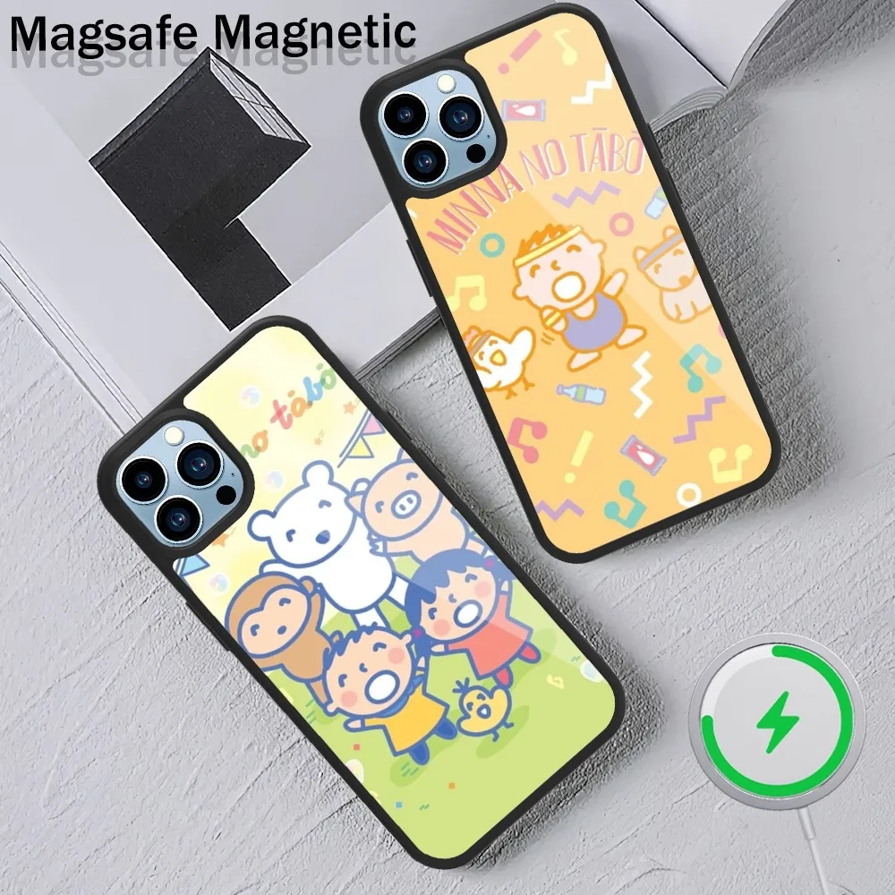 Miniso Cartoon Minna No Tabo funda de teléfono para iPhone 15 14 13 12 11 Plus Pro Max Magsafe carga inalámbrica magnética