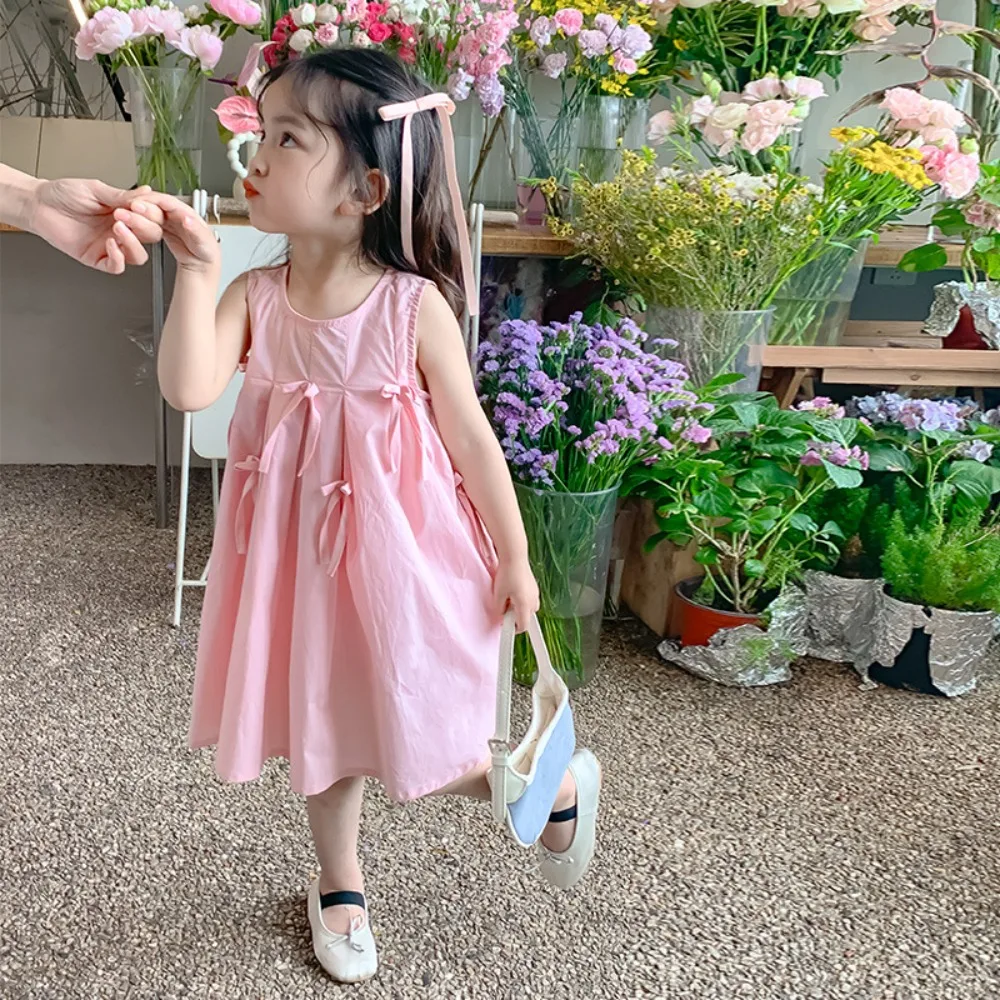 

Girls Dress 2024 Summer New Korean Style Fashion Cool Princess Solid Color Sleeveless Sundress Summer Children Dresses