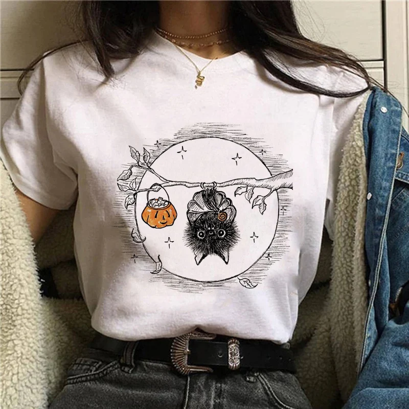 Fashion Cartoon Spring Summer Bat Cat Lovely Tees Women Short Sleeve Lady Female Graphic Tops Clothes Print Tshirt T-Shirt