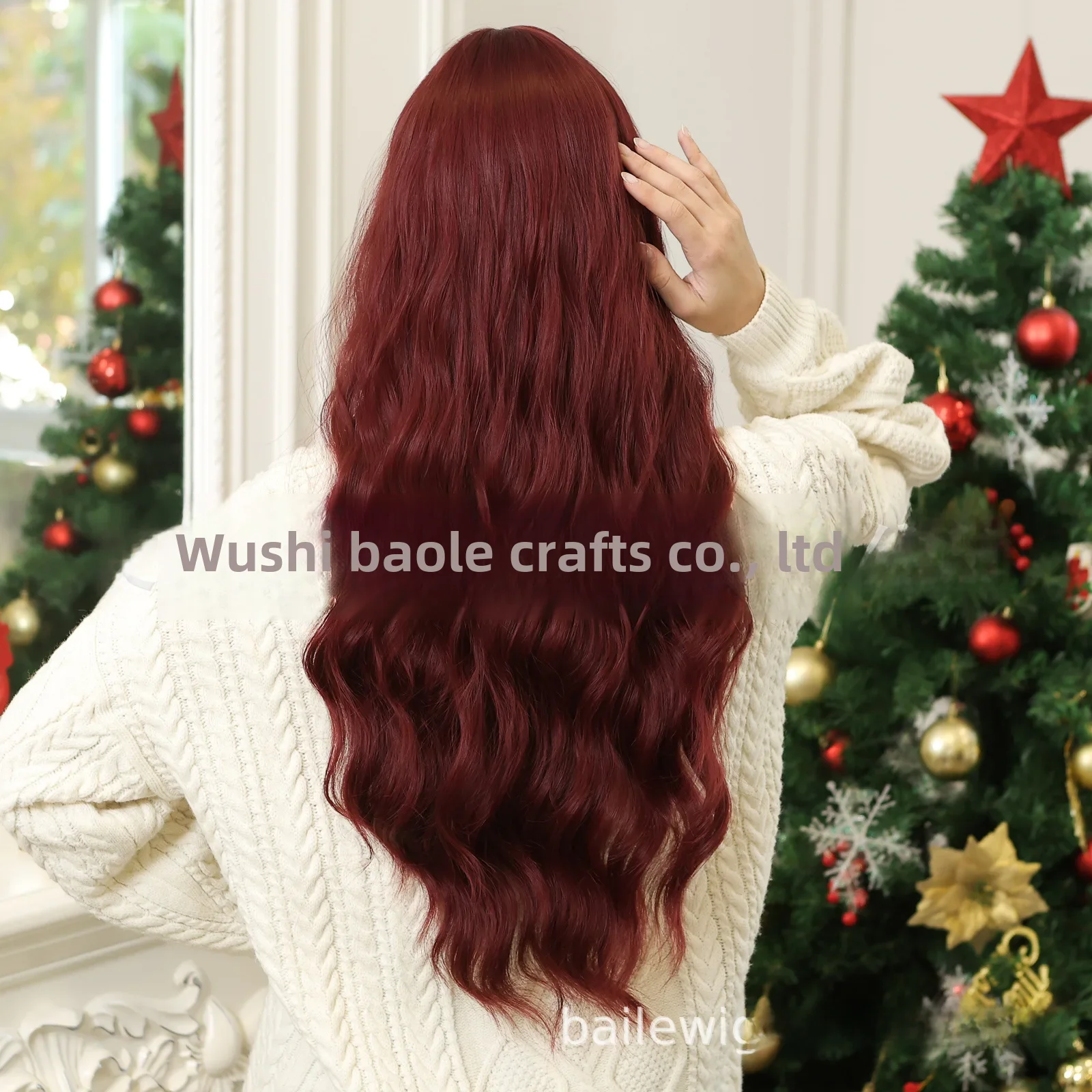 Cross-border Burgundy Wig Full Headgear with Bangs and Waist-length Large Wavy Long Curly hair Chemical Fiber Women\'s Headgea...