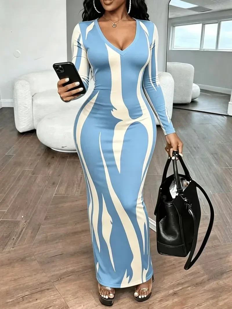 Ladies Night Out Maxi Dress Long Sleeve V Neck Abstract Color Block Print Stretch Bodycon Dress
