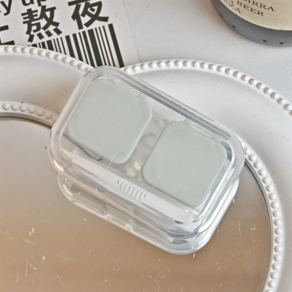 

KLASSNUM Transparent Contact Lens Case Simple Square Travel Plastic Storage Holder with Tweezers Eye Care Container Accessory