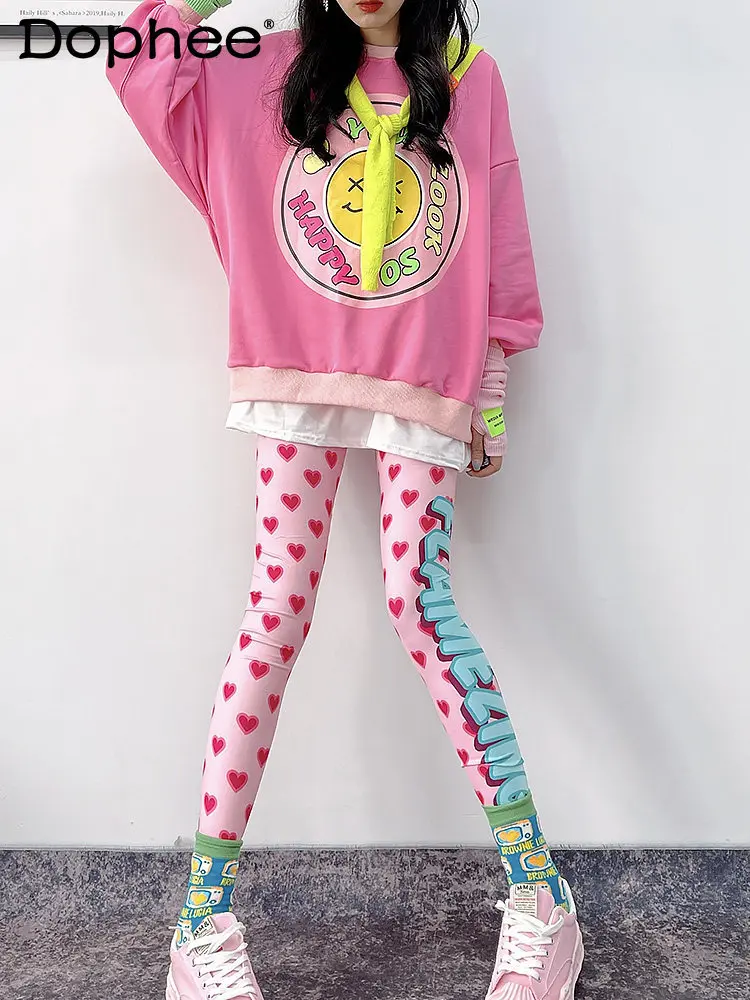 

2026 Spring New Thin Outerwear Cute Pink Printed Heart Letter Women's Leggings Elastic Sports Yoga Tights